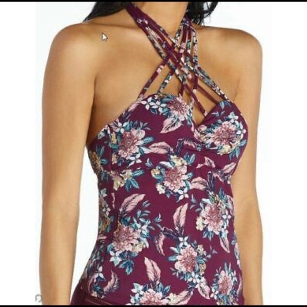 ANNBRIELLE PUSH-UP TANKINI FLORAL STRAPPY NECKLINE SWIMWEAR TOP NEW